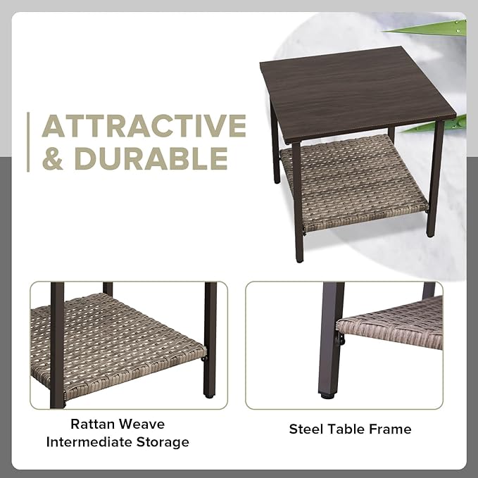 COOS BAY Aurora Terrace Outdoor Side Table with 2-Tier Storage, Metal Patio Table for Garden, Balcony, Poolside, Porch, Wood Grain Top