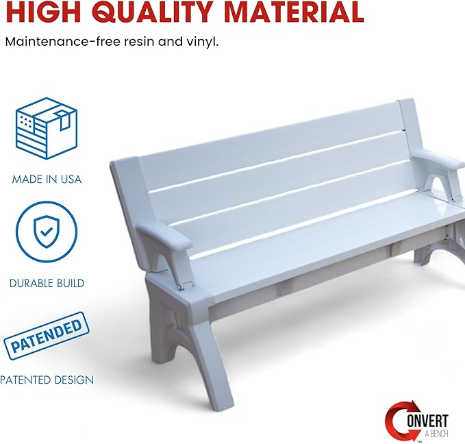 Convert-a-Bench 2-in-1 Outdoor Bench & Picnic Table - Foldable, Weather-Resistant Seating - Perfect for Patio, Lawn, Garden, or Deck - Durable Construction, Easy Assembly - 1 Bench/Order, White