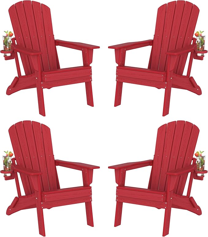 Plawdlik Folding Adirondack Chair Set of 4, SGS Tested, Wooden Textured with Cup Holder - Photo 1