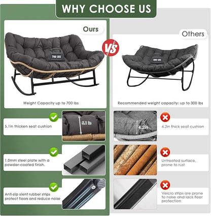 RADIATA Oversized Double Papasan Rocking Chair, Extra Large Recliner Glider with Cozy Cushion, 2 Person Egg Lounger Chairs, PE Wicker Big Loveseat for Indoor Outdoor Porch Patio, Dark Grey