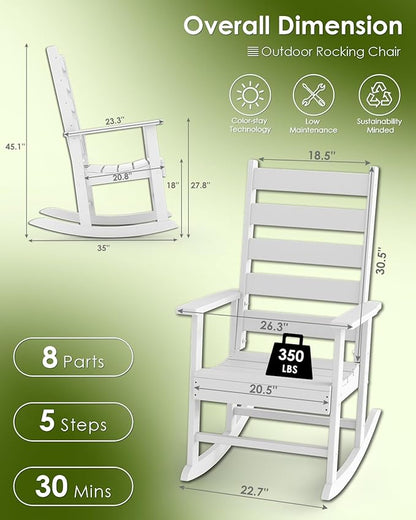 GREENVINES Outdoor-Rocking-Chairs-Set-of-2 | HDPE Plastic | Patio Rockers | Porch Rocker Chair | Shaker | Oversized | High Ladder Back | Big & Tall | PentaLuxe | White