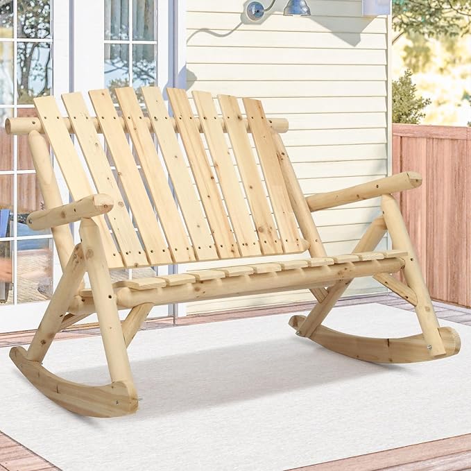Outdoor Double Wooden Rocking Bench, Adirondack Porch Rocker Chair for 2 Persons, Patio Rustic Log Rocker Loveseat with High Slatted Seat & Backrest for Deck, Backyard, Garden, Natural