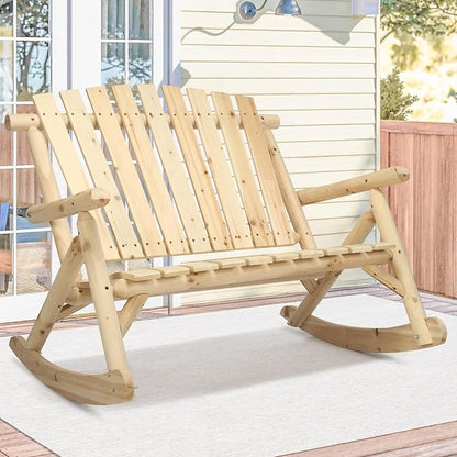 Outdoor Double Wooden Rocking Bench, Adirondack Porch Rocker Chair for 2 Persons, Patio Rustic Log Rocker Loveseat with High Slatted Seat & Backrest for Deck, Backyard, Garden, Natural
