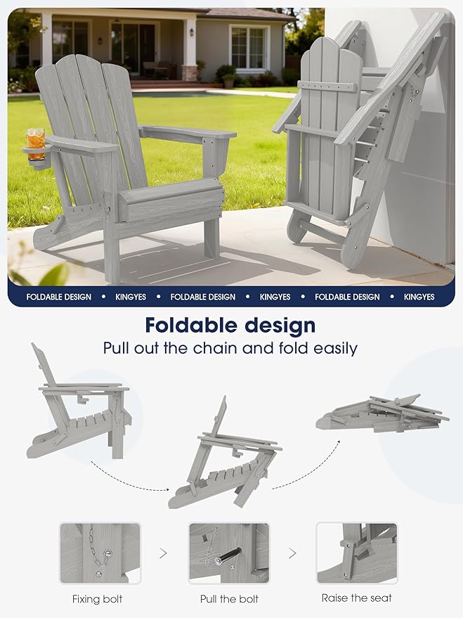 KINGYES Folding Adirondack Chair, HDPE All-Weather Patio Chairs with Cup Holder - Photo 4