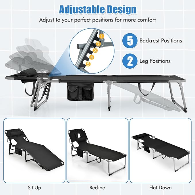 Goplus Tanning Chair, Folding Adjustable Patio Lounge Chair with Face Hole, Removable Pillow, 330LBS, Carry Strap, Outdoor Sunbathing Chair, Lightweight Portable Beach Lounge Chair, No Assembly