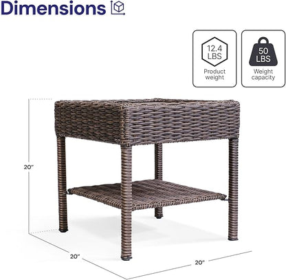 Cambridge Outdoor Wicker Side Table, 2-Tier All-Weather HDPE Rattan Patio End Table with HIPS Tabletop and Storage Shelf, Brown