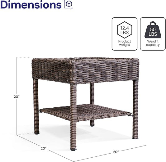 Cambridge Outdoor Wicker Side Table, 2-Tier All-Weather HDPE Rattan Patio End Table with HIPS Tabletop and Storage Shelf, Brown