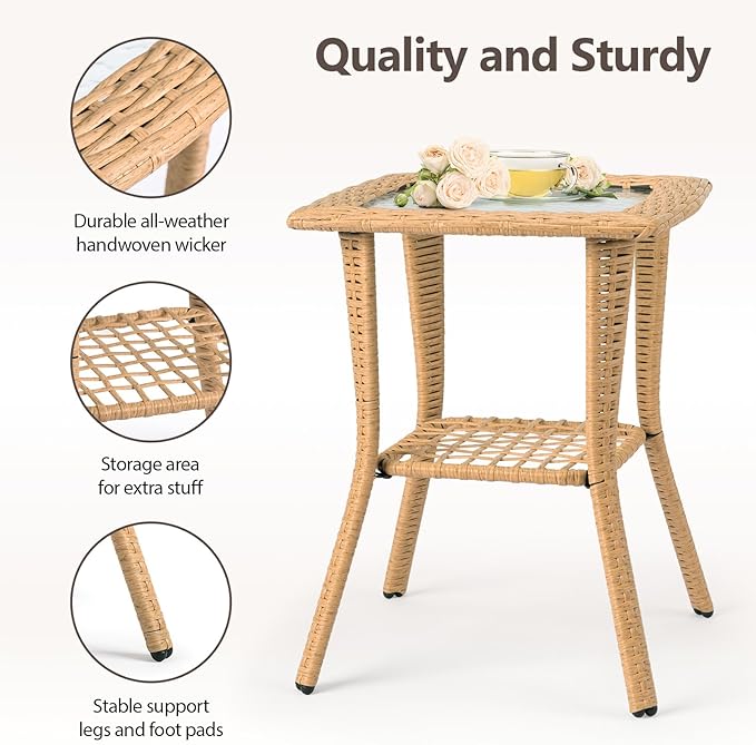 Outdoor Side Table with Storage Wicker Patio Side Table, Tempered Glass Top End Table for Balcony Porch Deck (Beige) - Photo 4
