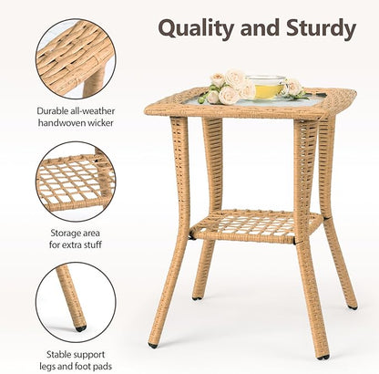 Outdoor Side Table with Storage Wicker Patio Side Table, Tempered Glass Top End Table for Balcony Porch Deck (Beige)