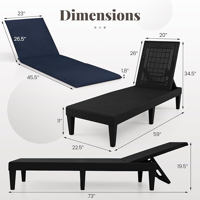 HAPPYGRILL Outdoor Chaise Lounge Chair Rattan Recliner Lounger with Removable Cushion & 3-Level Adjustable Backrest - Photo 3
