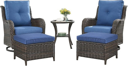 Rilyson Patio Furniture Swivel Chairs Set - 5 PC Wicker Rattan Outdoor Sectional Conversation Sets with 2 Swivel Rocking Chairs,2 Ottomans and 1 Side Table for Porch Deck(Brown/Blue)