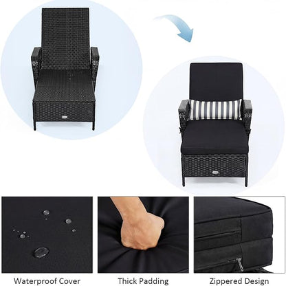 Tangkula Wicker Chaise Lounge Outdoor, Patio Rattan Reclining Chaise with 6-Gear Adjustable Backrest, Thick Padded Cushion & Removable Lumbar Pillow, Pool Lounge Chairs (1, Black + Black)