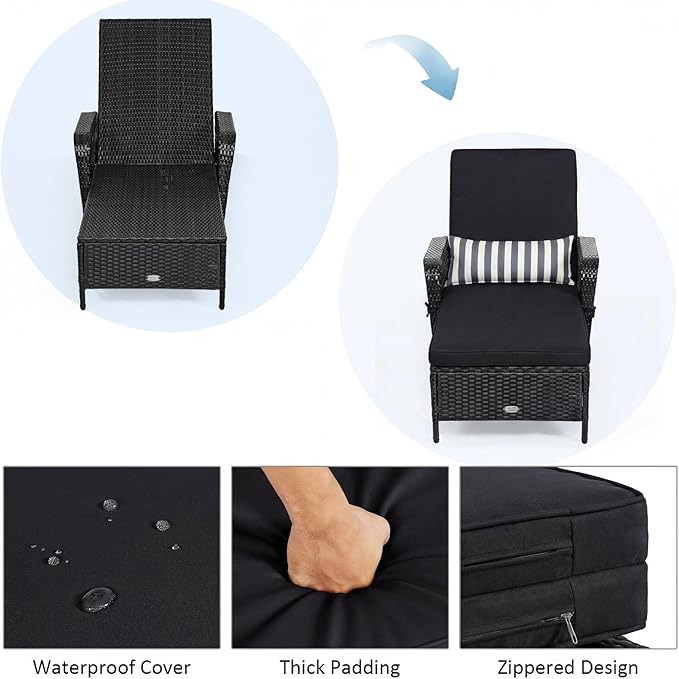 Tangkula Wicker Chaise Lounge Outdoor Set of 2, Patio Rattan Reclining Chaise with 6-Gear Adjustable Backrest - Photo 6