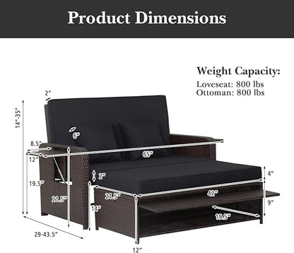 Nightcore Wicker Patio Outdoor Daybed, Outdoor Chaise Lounger w/ 4-Level Adjustable Backrest, Retractable Side Trays, Storage Ottoman, Comfortable & Removable Cushions, Rattan Loveseat (Black)