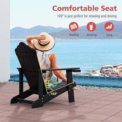 Tangkula Oversized Adirondack Chair, Patio Lounge Chairs w/Adjustable Cup Holder, HIPS Armchairs Slatted Chair, Outdoor Weather Resistant Fire Pit Chair for Deck Backyard Garden Porch (2, Black)