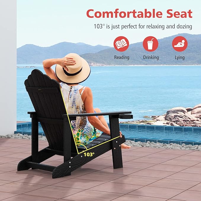 Tangkula Oversized Adirondack Chair, Patio Lounge Chairs w/Adjustable Cup Holder, HIPS Armchairs Slatted Chair, Outdoor Weather Resistant Fire Pit Chair for Deck Backyard Garden Porch (4, Black)