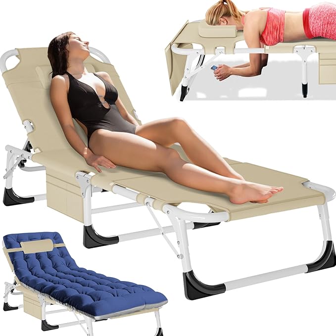 MOPHOTO Tanning Chair, Outdoor Sunbathing Lounge Chair 5-Position, Folding Chaise Lounger - Photo 1