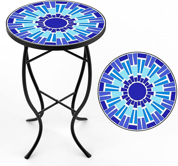 Mosaic Outdoor Side Table, Patio Side Table, Weather Resistant 14" Diameter 21" H Ceramic Tile Round Outside Table for Patio, Porch, Garden, Pool, Indoor&Outdoor,Plant Stand (Vortex)