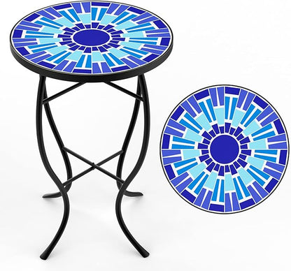 Mosaic Outdoor Side Table, Patio Side Table, Weather Resistant 14" Diameter 21" H Ceramic Tile Round Outside Table for Patio, Porch, Garden, Pool, Indoor&Outdoor,Plant Stand (Vortex)