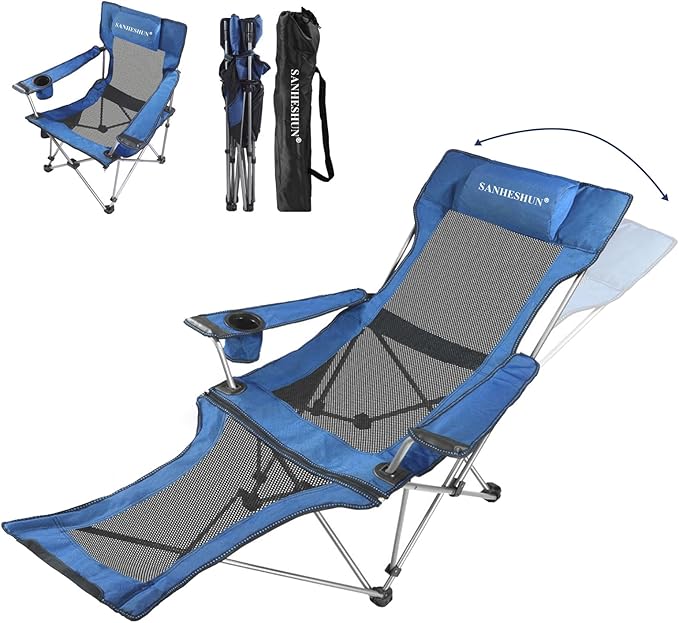 Zero Gravity Chair, Reclining Camping Chair with Padded Pillow, Cup Holder, Storage Pocket & Carry Bag, 4-in-1 Portable Camping Recliner for Outdoor, Beach, Garden, and Backyard - Blue Mesh