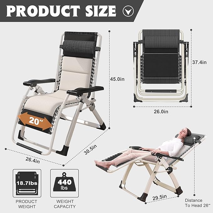 ABORON Padded Zero Gravity Chair, Premium Outdoor Lawn Folding Lounge Chairs - Photo 3