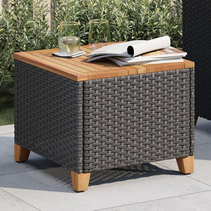 Square Garden Side Table, Compact Patio Coffee Table with Durable Poly Rattan and Acacia Wood Top, Weather-Resistant Outdoor End Table for Balcony, Terrace and Small Spaces, Black and Brown
