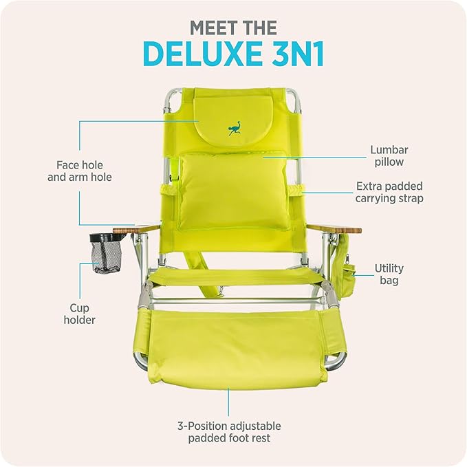 Ostrich the Deluxe 3N1 Lightweight Lawn Beach Reclining Lounge Chair with Footrest, Outdoor Furniture for Patio, Balcony - Photo 6