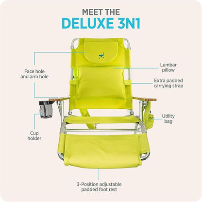 Ostrich the Deluxe 3N1 Lightweight Lawn Beach Reclining Lounge Chair with Footrest, Outdoor Furniture for Patio, Balcony, Backyard, or Porch, Lime