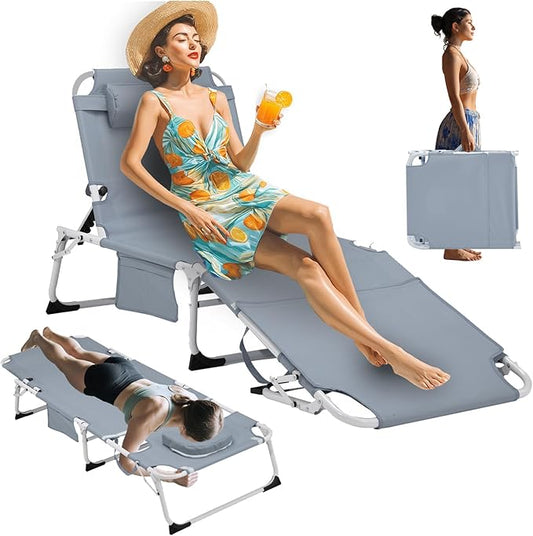 3-in-1 Heavy Duty Tanning Chair with Face Hole Adjustable 5-Position Folding Chaise Lounge Chairs Portable Lay Flat Beach Lounge Chair for Outdoor Sunbathing Patio Pool Lawn Camping Deck (Gray)