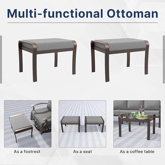 Gotland Aluminum Patio Furniture Set, Metal Outdoor Furniture with 2 Ottomans 5.1’’ High-Resilience Seat Cushions, 5 Piece Patio Set, Oversized Outdoor Sectional Patio Conversation Sets, Gray