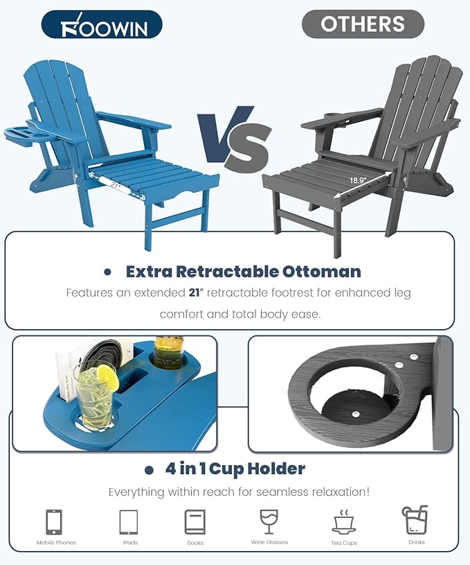 FOOWIN Folding Adjustable Adirondack Chair with Retractable Ottoman Set of 4, HDPE Adirondack Chair w/4 in 1 Cup Holder Trays,All-Weather Resistant Fire Pit Chair for Outdoor Patio Lawn, Pacific Blue