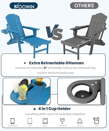 FOOWIN Folding Adjustable Adirondack Chair with Retractable Ottoman Set of 8, HDPE Adirondack Chair w/4 in 1 Cup Holder Trays,All-Weather Resistant Fire Pit Chair for Outdoor Patio Lawn, Pacific Blue