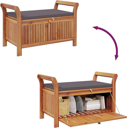 vidaXL Garden Storage Bench, Solid Acacia Wood, Gray Cushion Included, Classic Outdoor Design, Patio & Garden Seating, 35.8" x 19.7" x 23.6", Patio & Deck Organizer, Durable Wooden Furniture