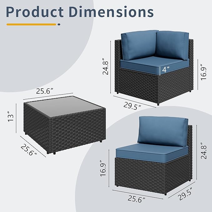 SUNLEI 5pcs Patio Furniture Sets Conversation Set, Low Back All-Weather Rattan Sectional Sofa with Tea Table&Washable Couch Cushions, Outdoor Furniture Set