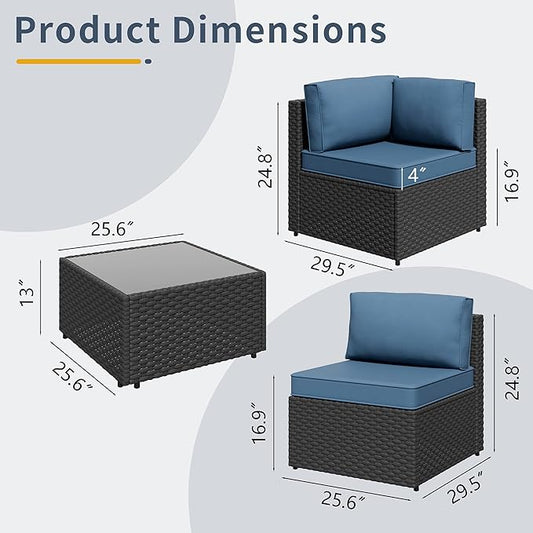 SUNLEI 5pcs Patio Furniture Sets Conversation Set, Low Back All-Weather Rattan Sectional Sofa with Tea Table&Washable Couch Cushions, Outdoor Furniture Set