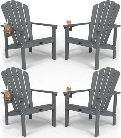 Stackable Adirondack Chair Set of 4, HDPE All-Weather Adirondack Chairs - Durable and Space Saving, Plastic Outdoor Fire Pit Chairs with Cup Holder,Grey