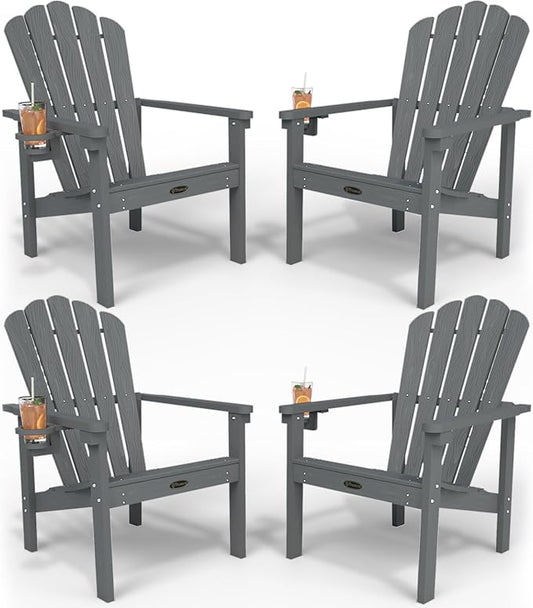 Stackable Adirondack Chair Set of 4, HDPE All-Weather Adirondack Chairs - Durable and Space Saving, Plastic Outdoor Fire Pit Chairs with Cup Holder,Grey