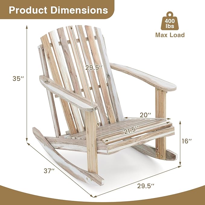 Tangkula Adirondack Rocking Chair, Acacia Wood Patio Rocker with Slatted Seat & High Fanned Back, DIY Colors. Rustic Outdoor Log Rocking Seat Furniture for Backyard, Porch, Garden (Natural, 2 Pack)