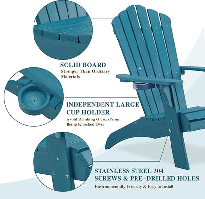 Psilvam Adirondack Chair, Oversized Poly Lumber Fire Pit Chair with Cup Holder, 350Lbs Support Patio Chairs for Garden, Weather Resistant Outdoors Seating, Relaxing Gift for Father & Mother (1,Blue)