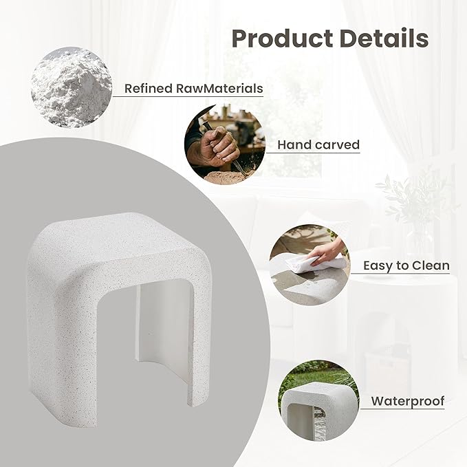 COSIEST White Outdoor Side Table, 17.7" Modern Concrete End Table with Arched Open for Patio, Small Outside Accent Table & Plant Stand for Garden, Porch, Deck, Balcony