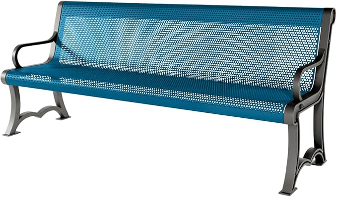 COATEDOUTDOORFURNITURE Coated Outdoor Furniture Heavy-Duty Outdoor Bench Thermoplastic Coated, Punched Steel, Commercial-Grade Garden Bench, Made in America (Portable with Back, 6 Ft, Light Blue)