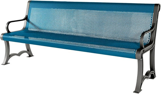 COATEDOUTDOORFURNITURE Coated Outdoor Furniture Heavy-Duty Outdoor Bench Thermoplastic Coated, Punched Steel, Commercial-Grade Garden Bench, Made in America (Portable with Back, 6 Ft, Light Blue)