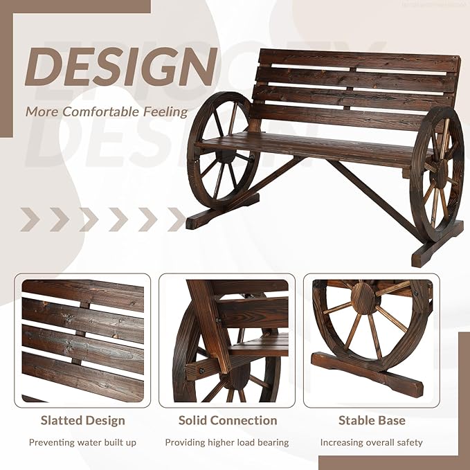 Wooden Wagon Wheel Bench, 2-Person Solid Wood Garden Bench, Rustic Wooden Seat Wagon Wheel Bench Patio Loveseat W/Slatted Backrest, Outdoor Garden Bench for Lawn Yard Porch Park