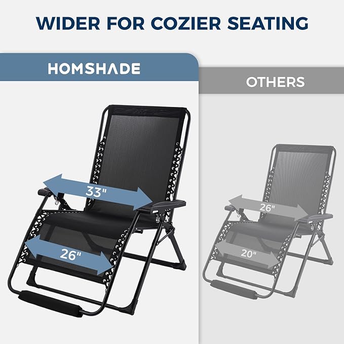 HOMSHADE XXL Zero Gravity Chair with Cushion, 33In Oversized Zero Gravity Lounge Chair, Patio Outdoor Recliner Chair for Indoor Outdoor with Headrest, Cup Holder, Footrest Support 500Lbs, Black
