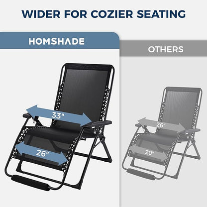 HOMSHADE XXL Zero Gravity Chair with Cushion, 33In Oversized Zero Gravity Lounge Chair, Patio Outdoor Recliner Chair for Indoor Outdoor with Headrest, Cup Holder, Footrest Support 500Lbs, Black