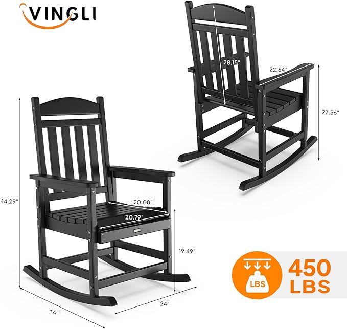 VINGLI Outdoor Rocking Chair, HDPE Rocking Chair with Higher Backrest, All Weather Rocker for Garden, Yard, Balcony, Black