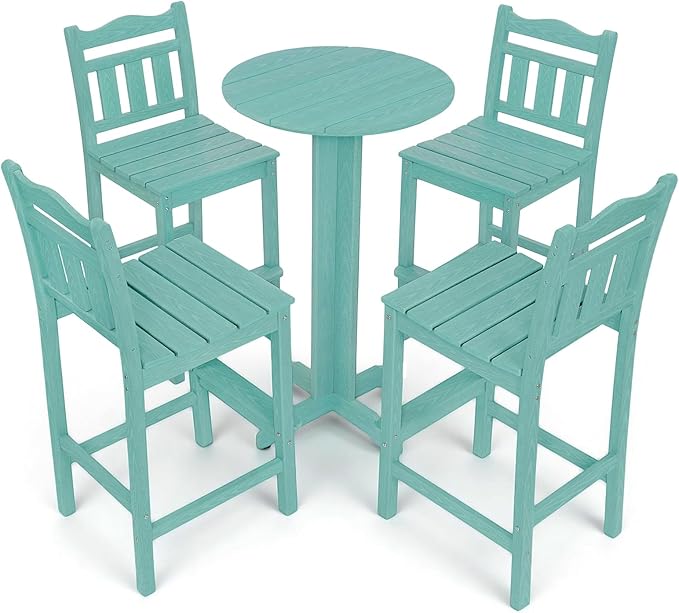 5-Piece Outdoor Bar Set, HDPE Adirondack Bar Height Chairs Set of 4 and Round Pub Table, All Weather Outdoor Patio Bar Furniture for Bistro, Deck, Balcony, Poolside (Aruba Blue)