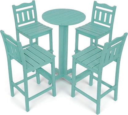 5-Piece Outdoor Bar Set, HDPE Adirondack Bar Height Chairs Set of 4 and Round Pub Table, All Weather Outdoor Patio Bar Furniture for Bistro, Deck, Balcony, Poolside (Aruba Blue)