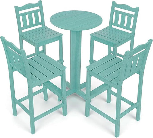 5-Piece Outdoor Bar Set, HDPE Adirondack Bar Height Chairs Set of 4 and Round Pub Table, All Weather Outdoor Patio Bar Furniture for Bistro, Deck, Balcony, Poolside (Aruba Blue)