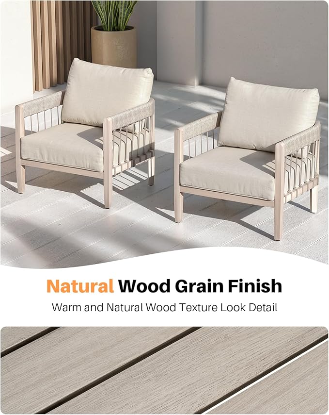 Patio Sofa Chairs Set of 2, Never-Rust Aluminum Outdoor Armchairs with Faux Wood Grain Finish, 2 Pieces Rope Weave - Photo 7